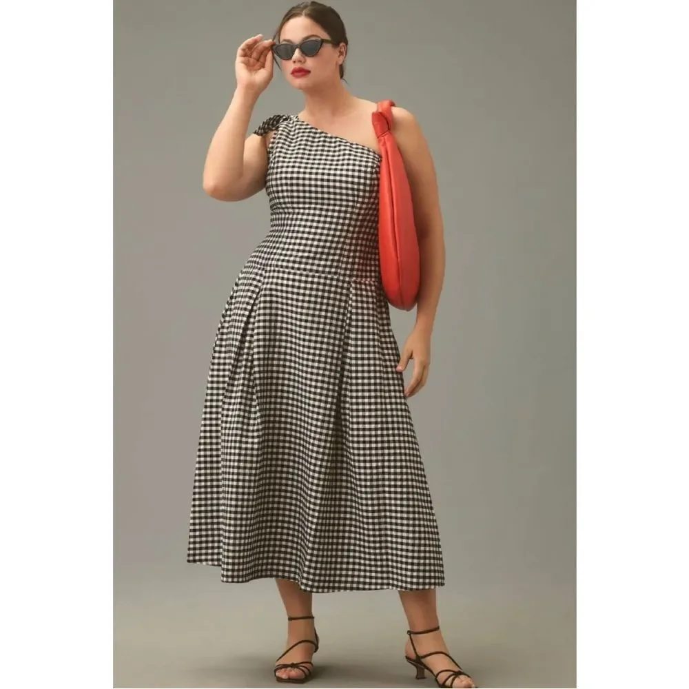 NEW By Anthropologie Black & White One-Shoulder Drop Waist Gingham Dress Small - Picture 5 of 7
